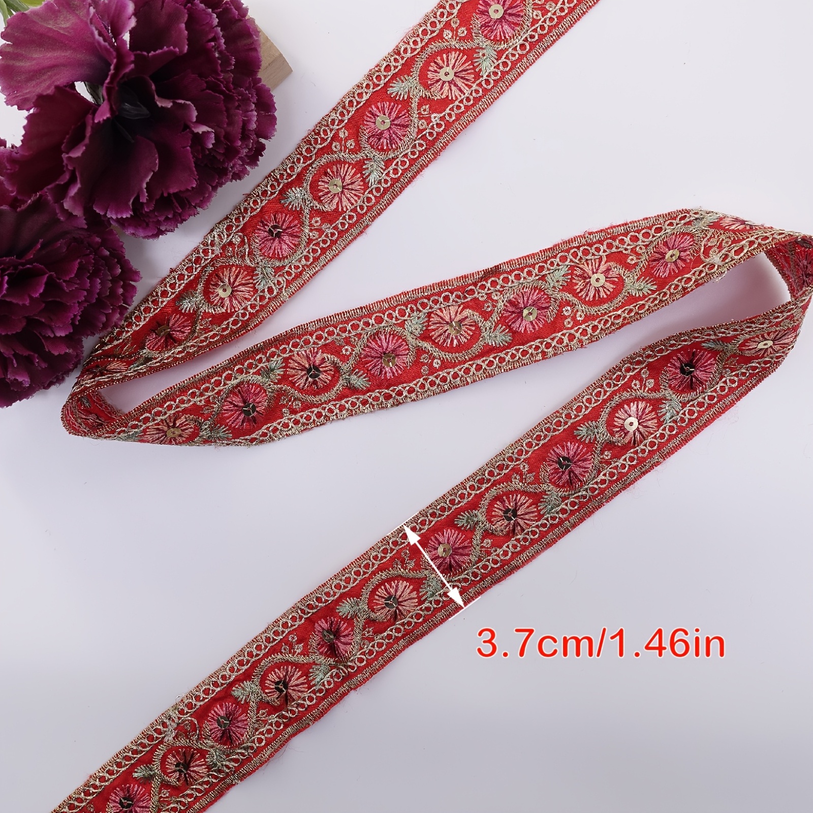 Red Nylon Lace with Golden Embroidery for Home Decoration